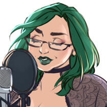 image: an artistic represenation of Tide with green hair. he is speaking into a microphone with a pop filter.